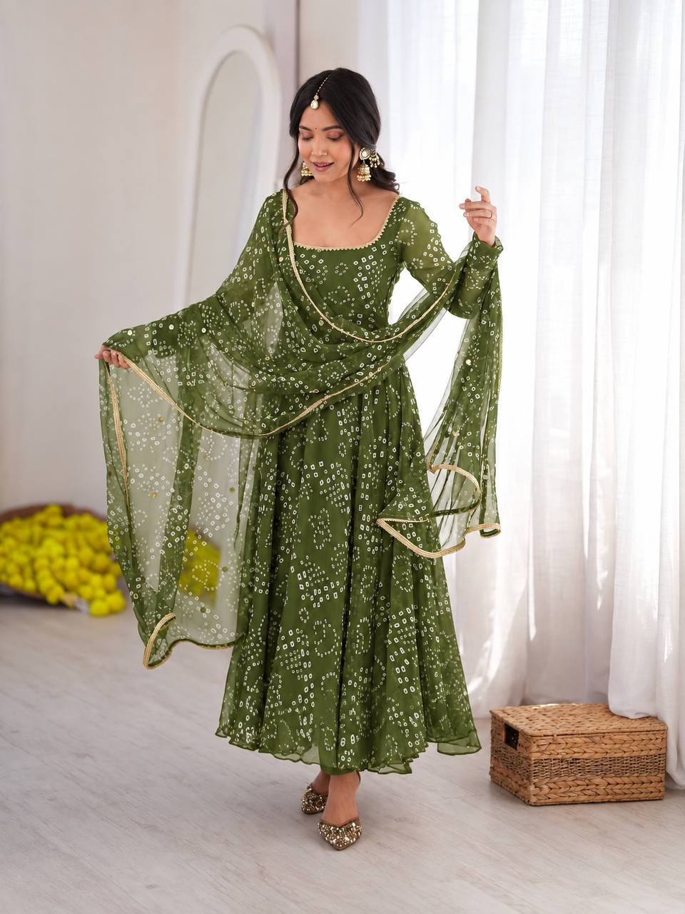 Bandhani Print Georgette Kurta Set with Sharara and Dupatta