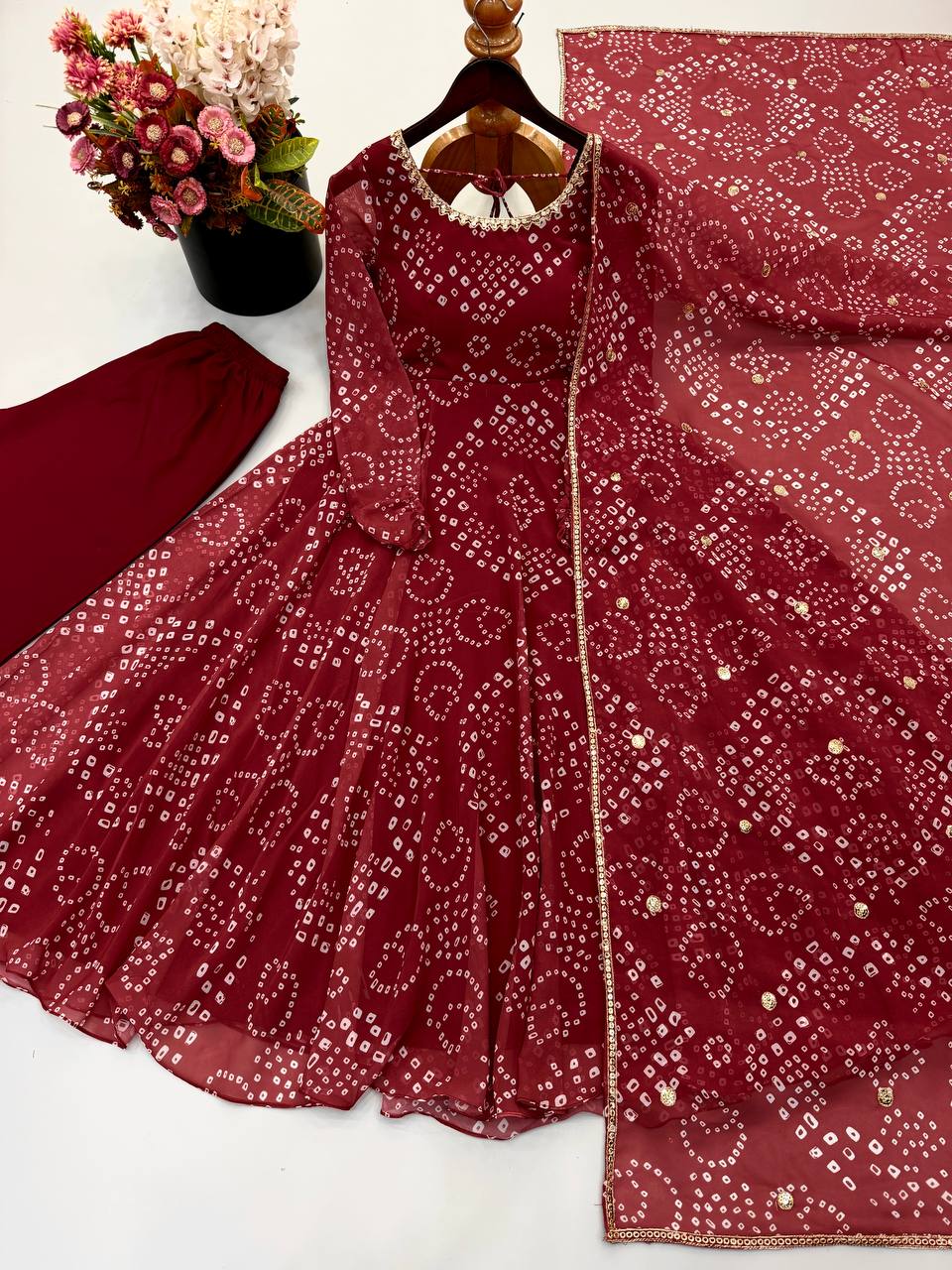 Bandhani Print Georgette Kurta Set with Sharara and Dupatta