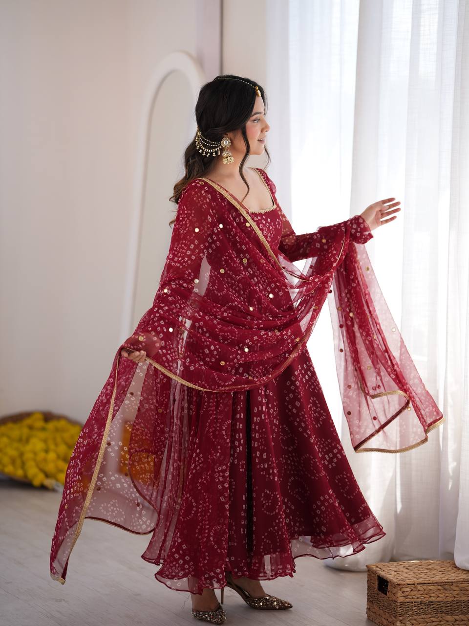 Bandhani Print Georgette Kurta Set with Sharara and Dupatta