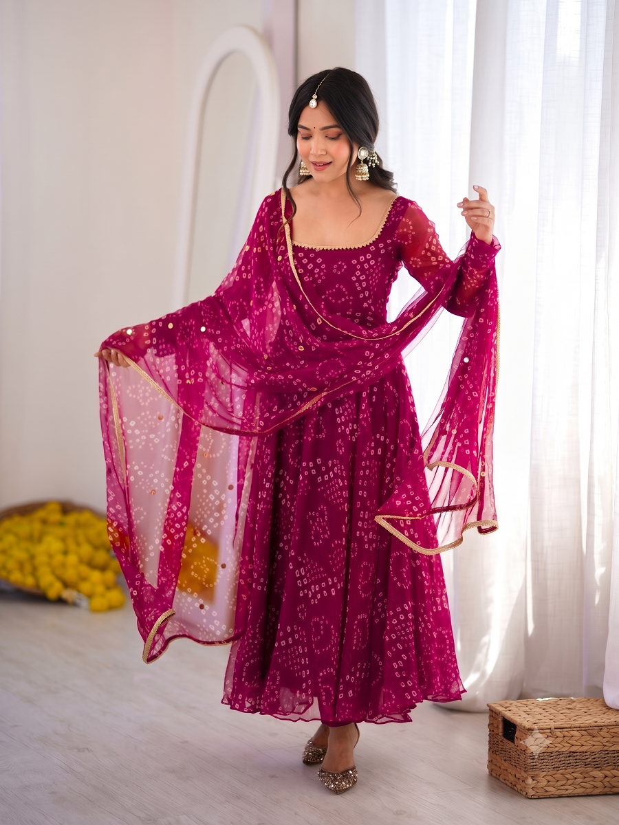 Bandhani Print Georgette Kurta Set with Sharara and Dupatta