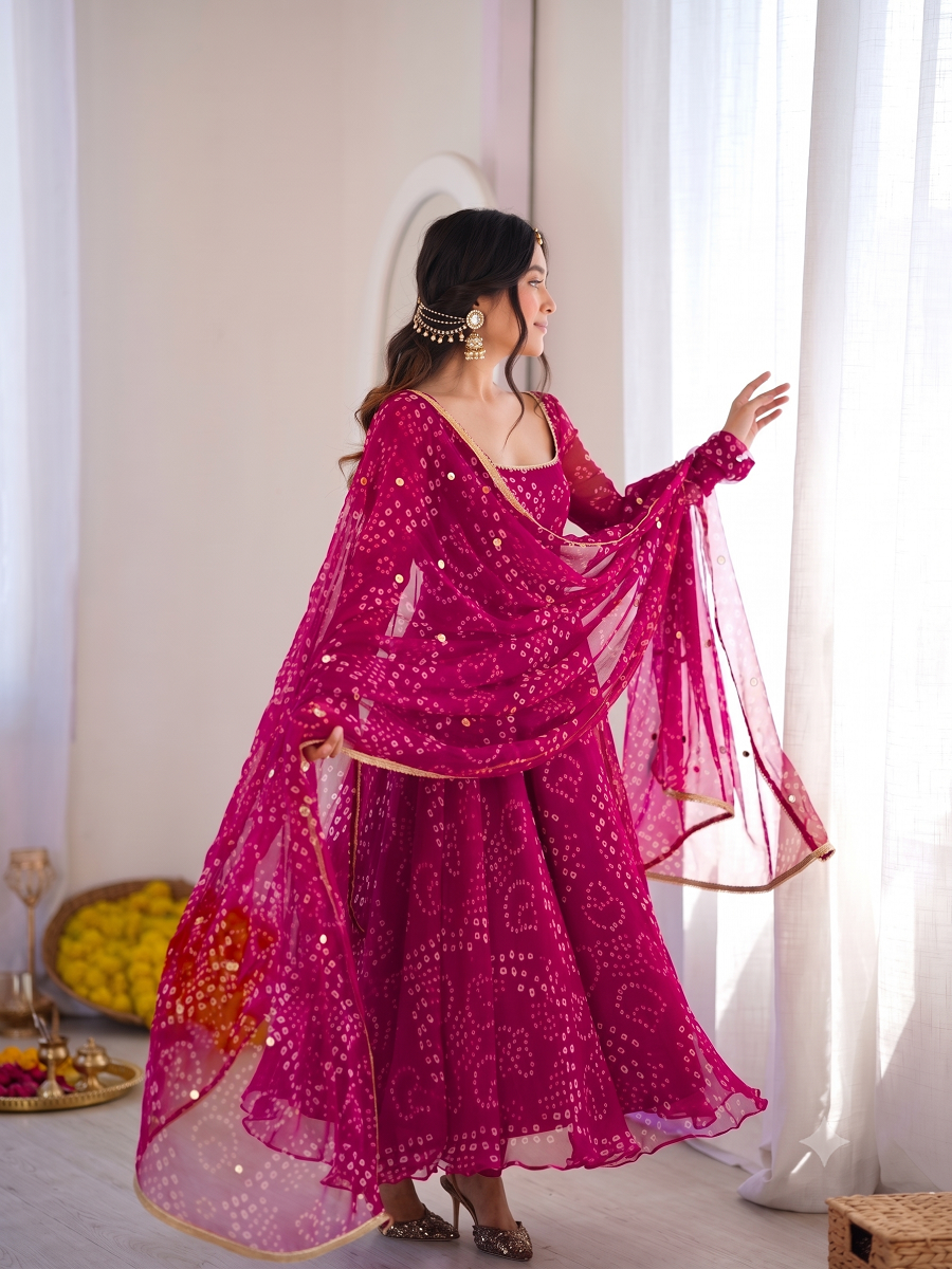 Bandhani Print Georgette Kurta Set with Sharara and Dupatta