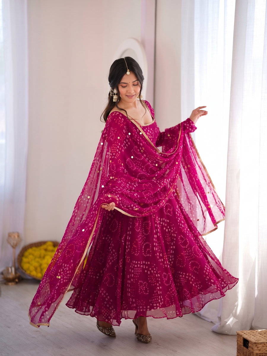 Bandhani Print Georgette Kurta Set with Sharara and Dupatta