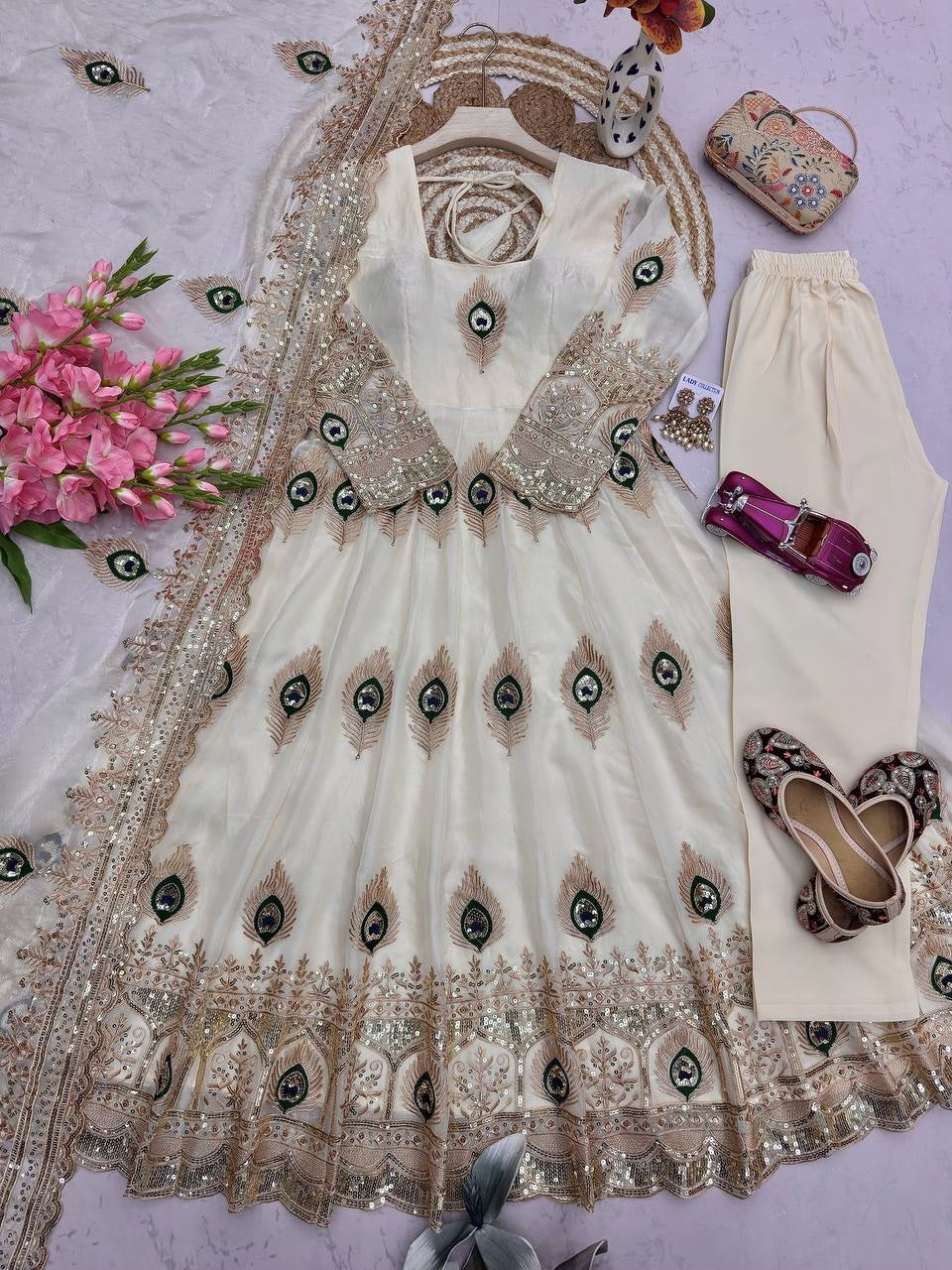 Designer Peacock Feather Embroidered Fendy Silk Anarkali Suit Set with Sequins Work Dupatta & Pant
