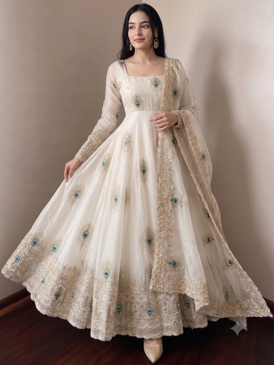 Designer Peacock Feather Embroidered Fendy Silk Anarkali Suit Set with Sequins Work Dupatta & Pant
