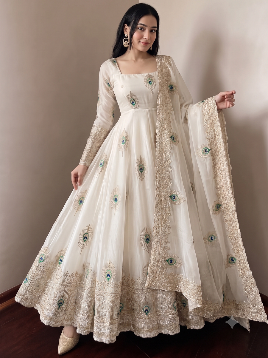 Designer Peacock Feather Embroidered Fendy Silk Anarkali Suit Set with Sequins Work Dupatta & Pant