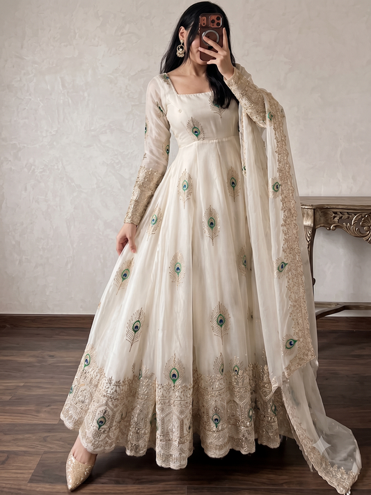 Designer Peacock Feather Embroidered Fendy Silk Anarkali Suit Set with Sequins Work Dupatta & Pant