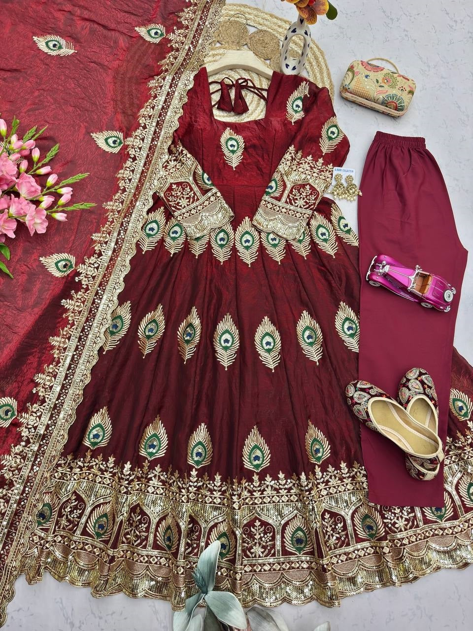 Designer Peacock Feather Embroidered Fendy Silk Anarkali Suit Set with Sequins Work Dupatta & Pant