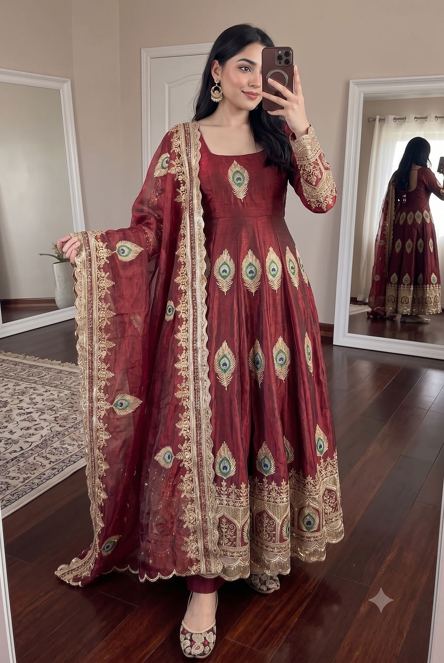 Designer Peacock Feather Embroidered Fendy Silk Anarkali Suit Set with Sequins Work Dupatta & Pant