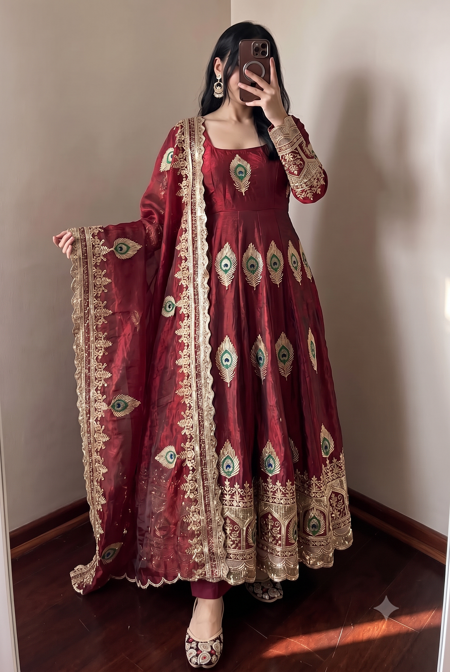 Designer Peacock Feather Embroidered Fendy Silk Anarkali Suit Set with Sequins Work Dupatta & Pant