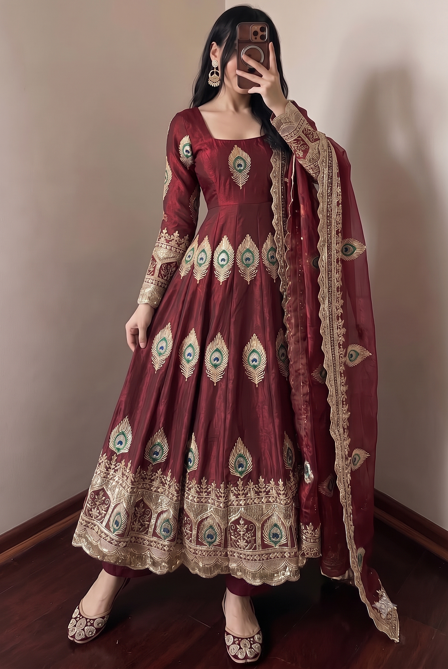 Designer Peacock Feather Embroidered Fendy Silk Anarkali Suit Set with Sequins Work Dupatta & Pant