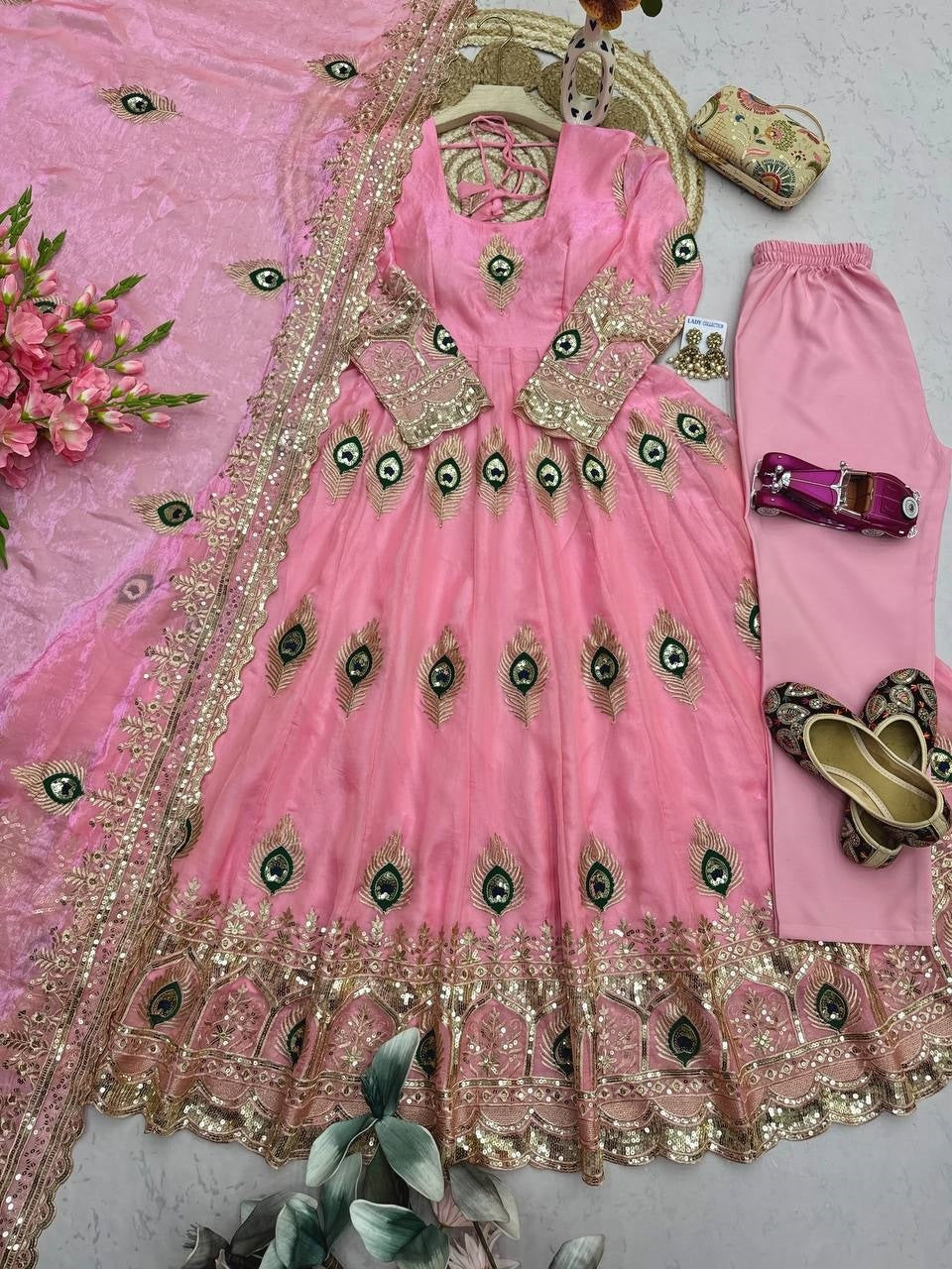 Designer Peacock Feather Embroidered Fendy Silk Anarkali Suit Set with Sequins Work Dupatta & Pant