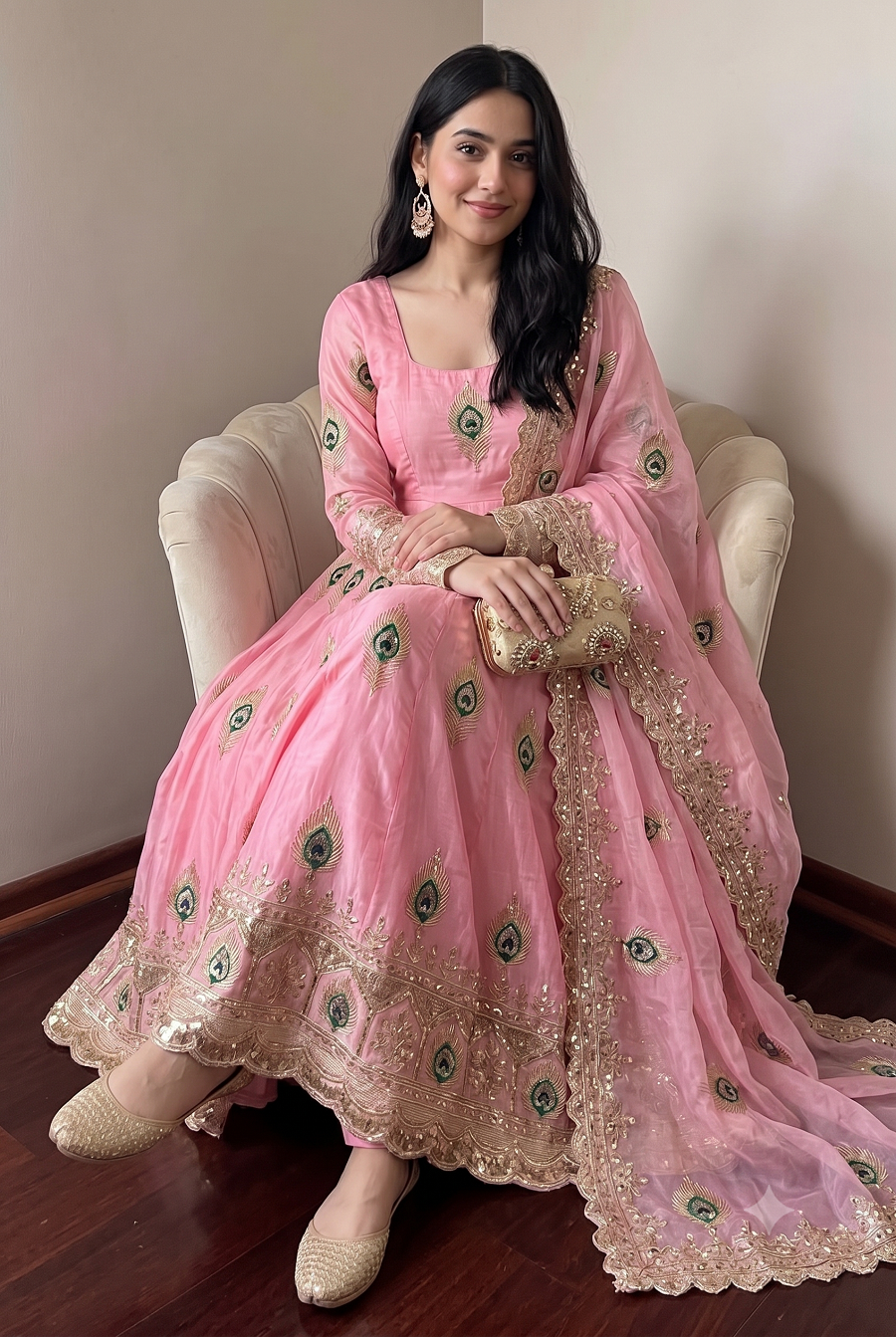 Designer Peacock Feather Embroidered Fendy Silk Anarkali Suit Set with Sequins Work Dupatta & Pant