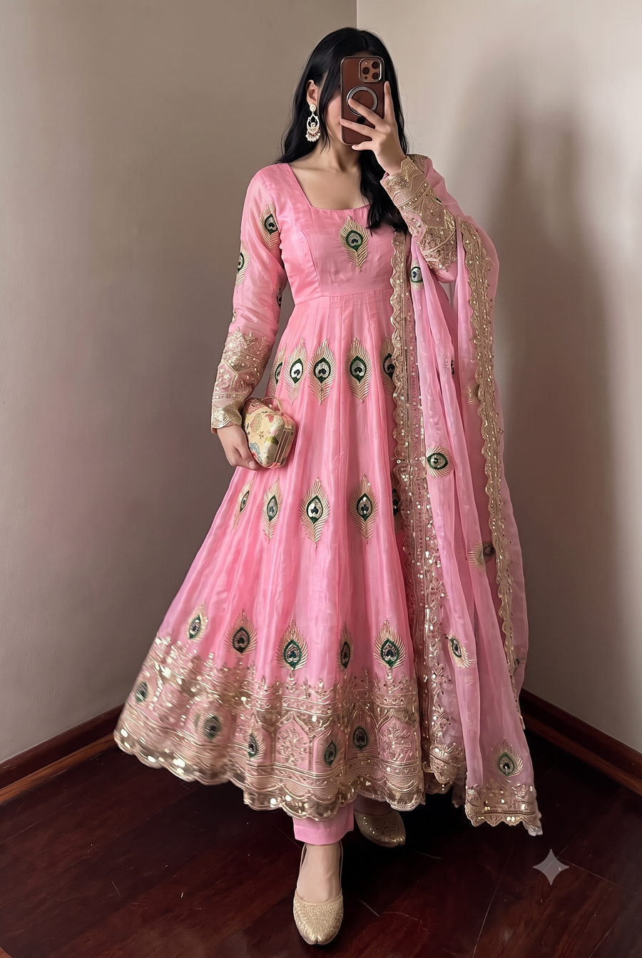 Designer Peacock Feather Embroidered Fendy Silk Anarkali Suit Set with Sequins Work Dupatta & Pant