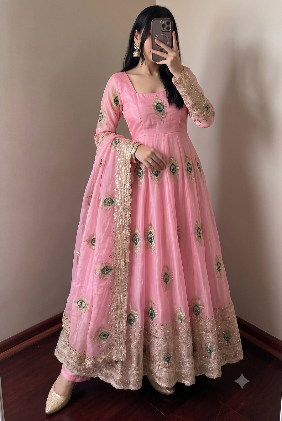 Designer Peacock Feather Embroidered Fendy Silk Anarkali Suit Set with Sequins Work Dupatta & Pant