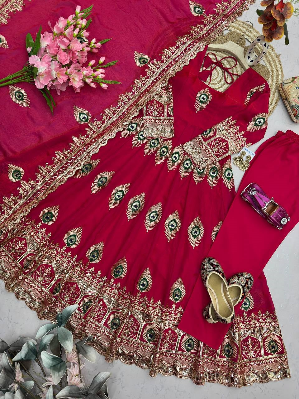 Designer Peacock Feather Embroidered Fendy Silk Anarkali Suit Set with Sequins Work Dupatta & Pant