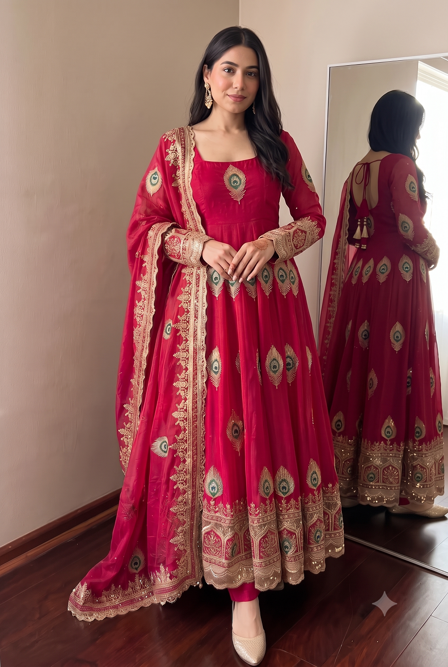 Designer Peacock Feather Embroidered Fendy Silk Anarkali Suit Set with Sequins Work Dupatta & Pant