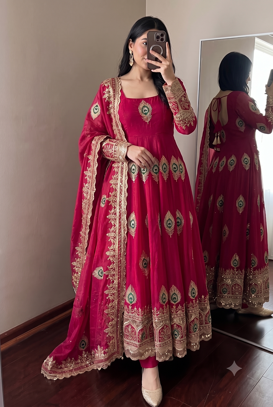 Designer Peacock Feather Embroidered Fendy Silk Anarkali Suit Set with Sequins Work Dupatta & Pant