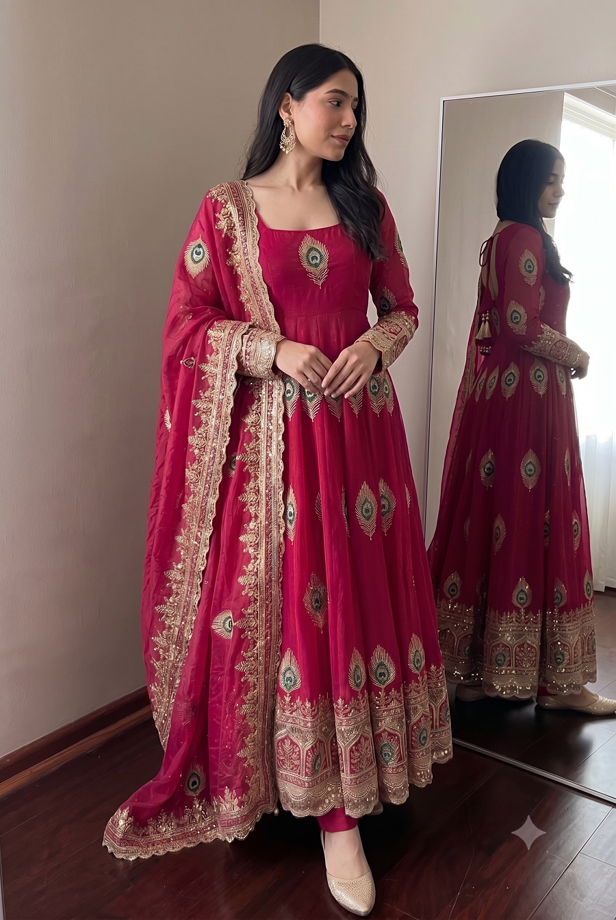 Designer Peacock Feather Embroidered Fendy Silk Anarkali Suit Set with Sequins Work Dupatta & Pant
