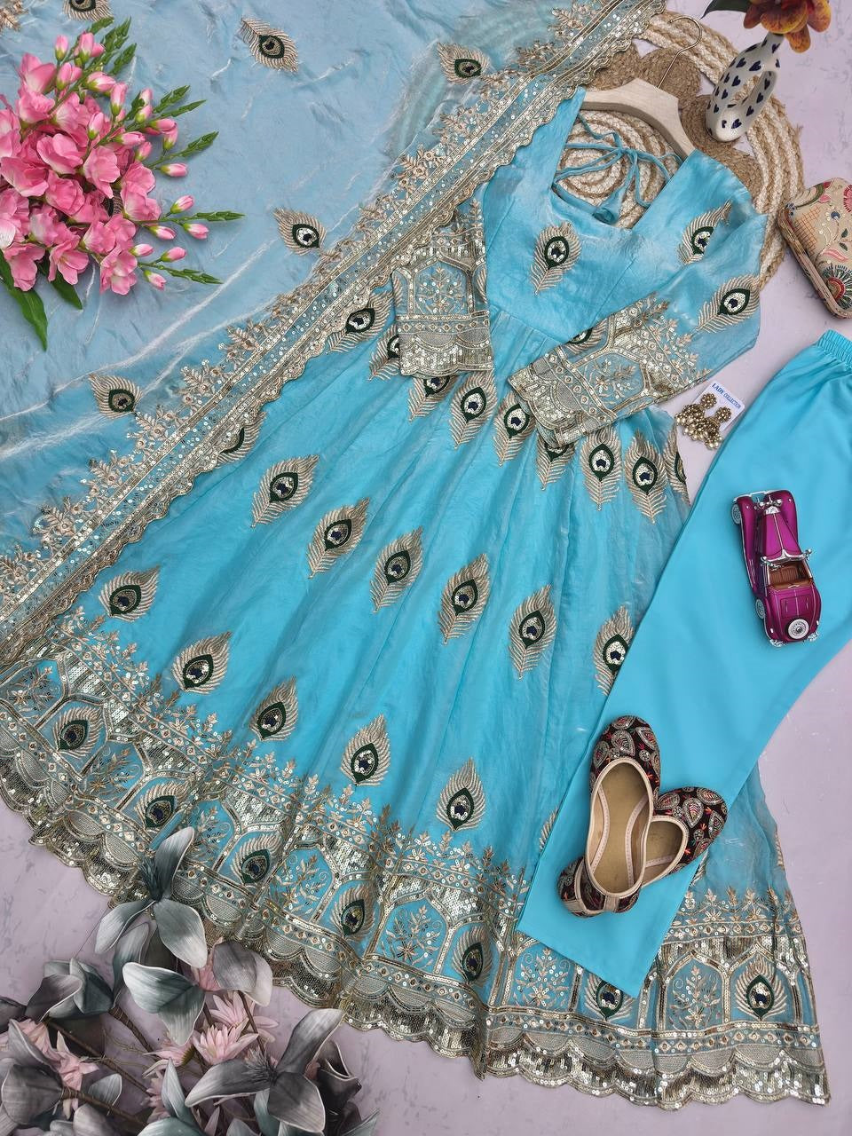 Designer Peacock Feather Embroidered Fendy Silk Anarkali Suit Set with Sequins Work Dupatta & Pant