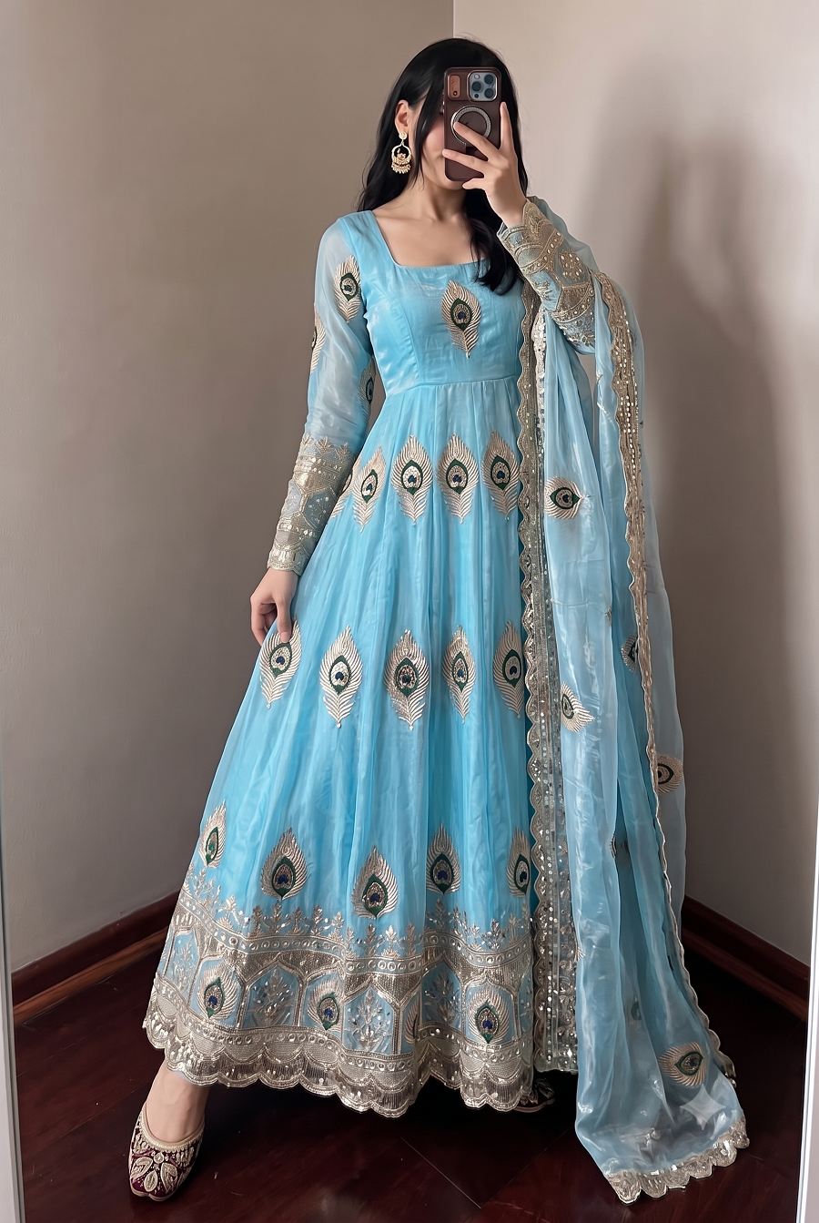Designer Peacock Feather Embroidered Fendy Silk Anarkali Suit Set with Sequins Work Dupatta & Pant