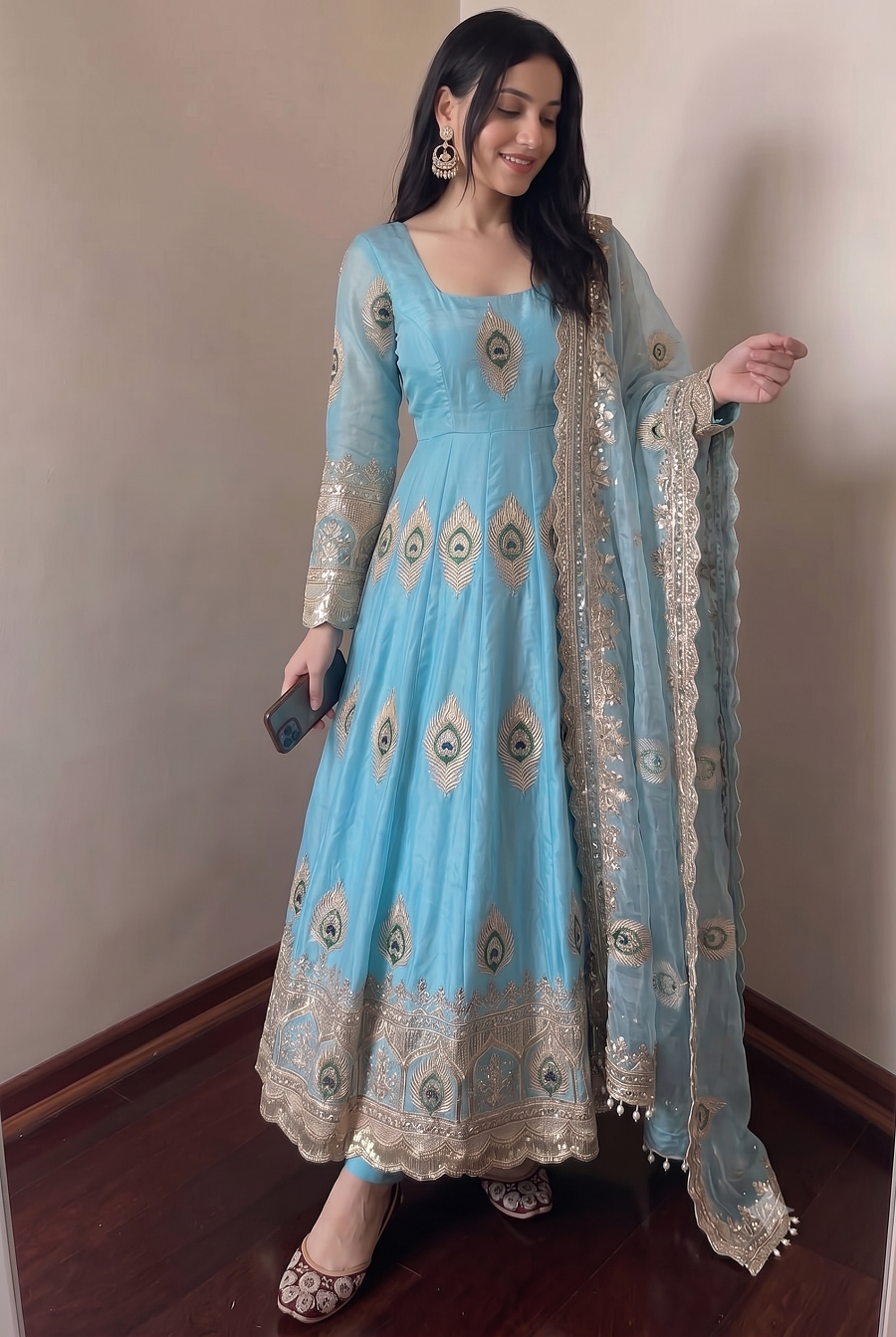 Designer Peacock Feather Embroidered Fendy Silk Anarkali Suit Set with Sequins Work Dupatta & Pant