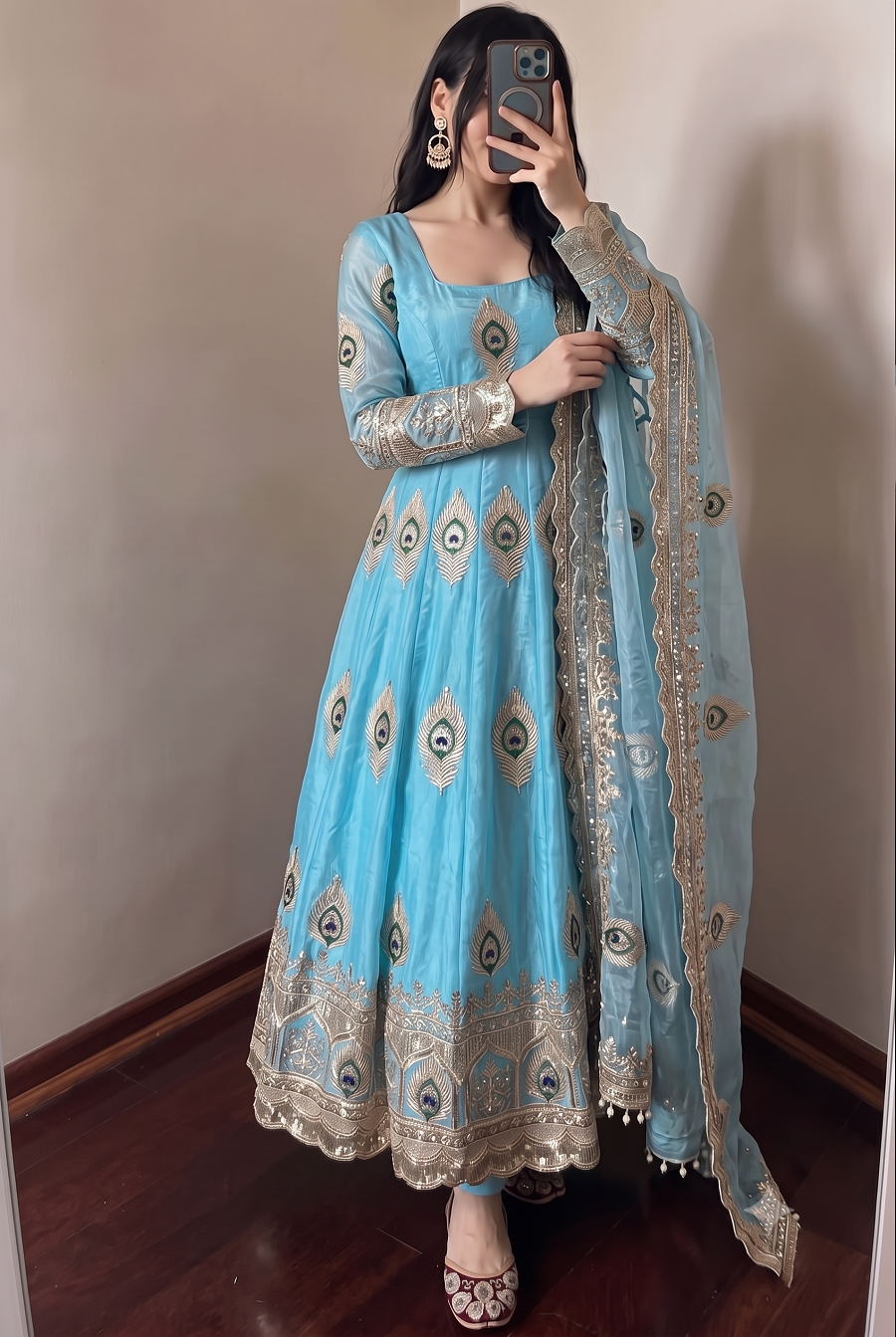 Designer Peacock Feather Embroidered Fendy Silk Anarkali Suit Set with Sequins Work Dupatta & Pant