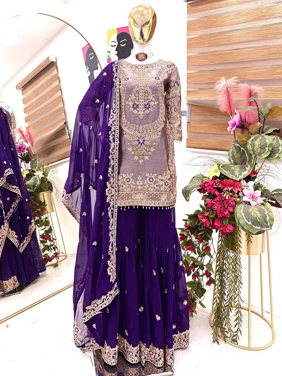 Women's New Trendy Elegant Embroidered Kurta with Sharara and Dupatta Set