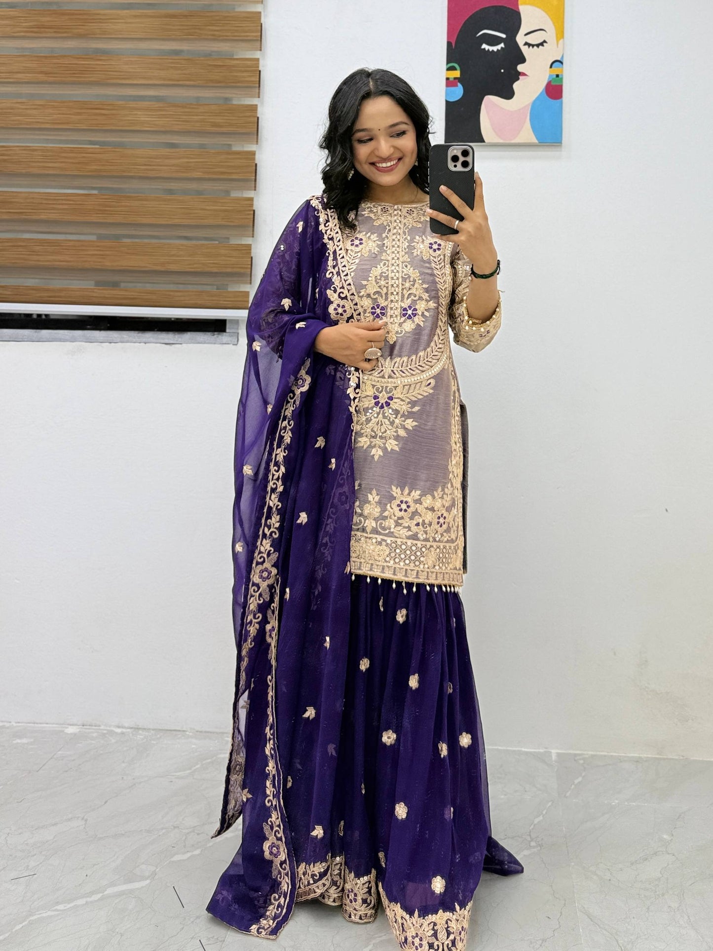 Women's New Trendy Elegant Embroidered Kurta with Sharara and Dupatta Set