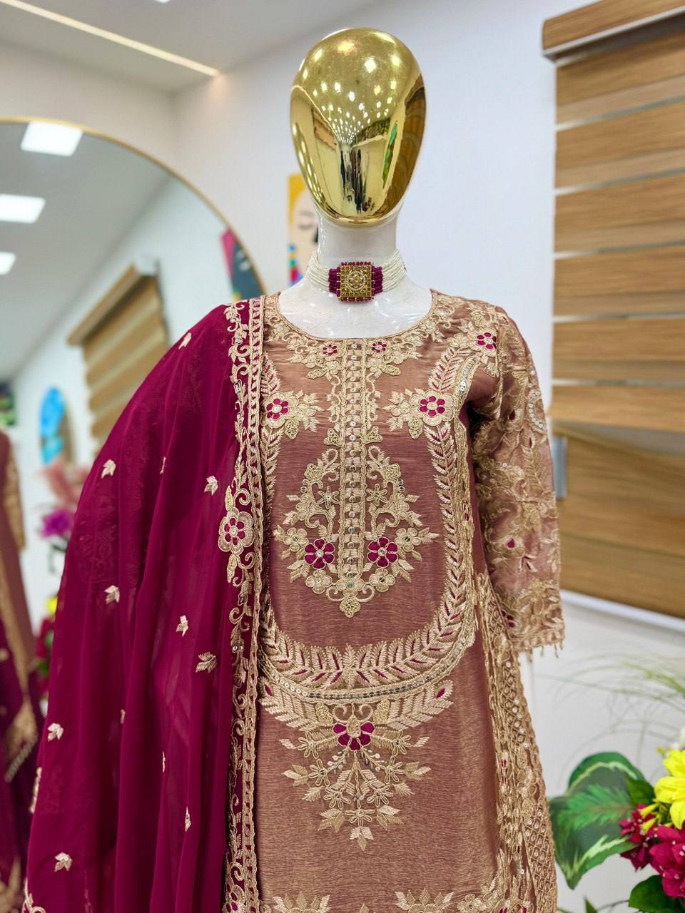 Women's New Trendy Elegant Embroidered Kurta with Sharara and Dupatta Set