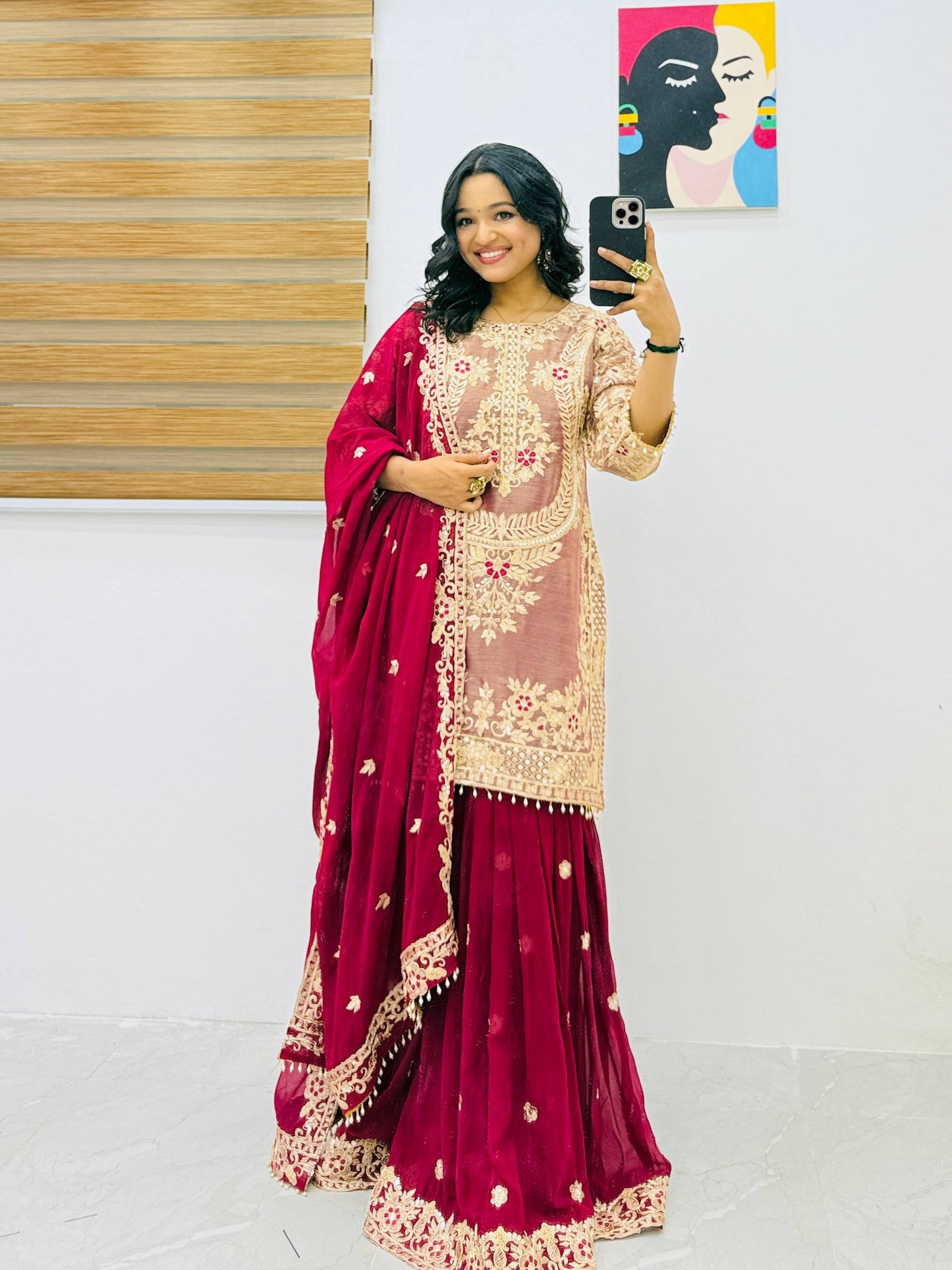 Women's New Trendy Elegant Embroidered Kurta with Sharara and Dupatta Set
