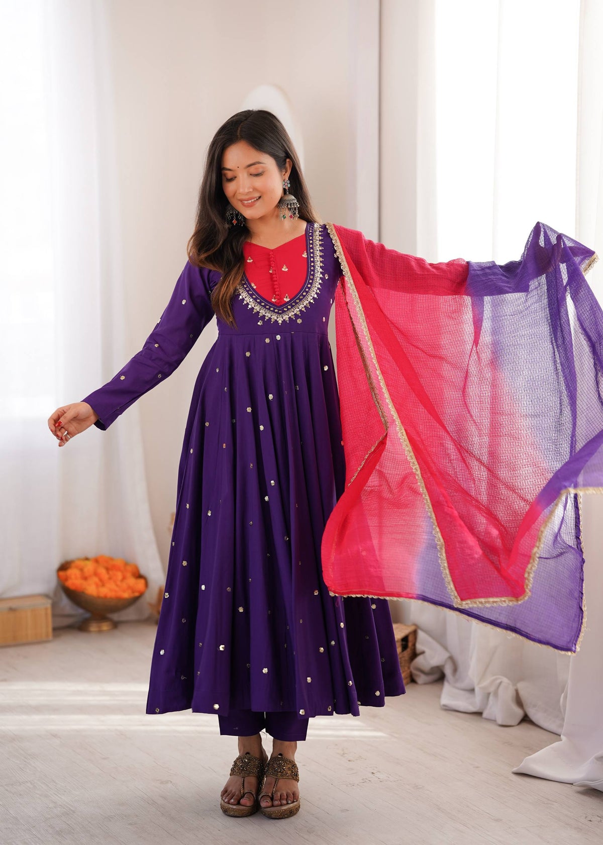 Indian Festive Anarkali Gown with Pant & Shaded Dupatta Set