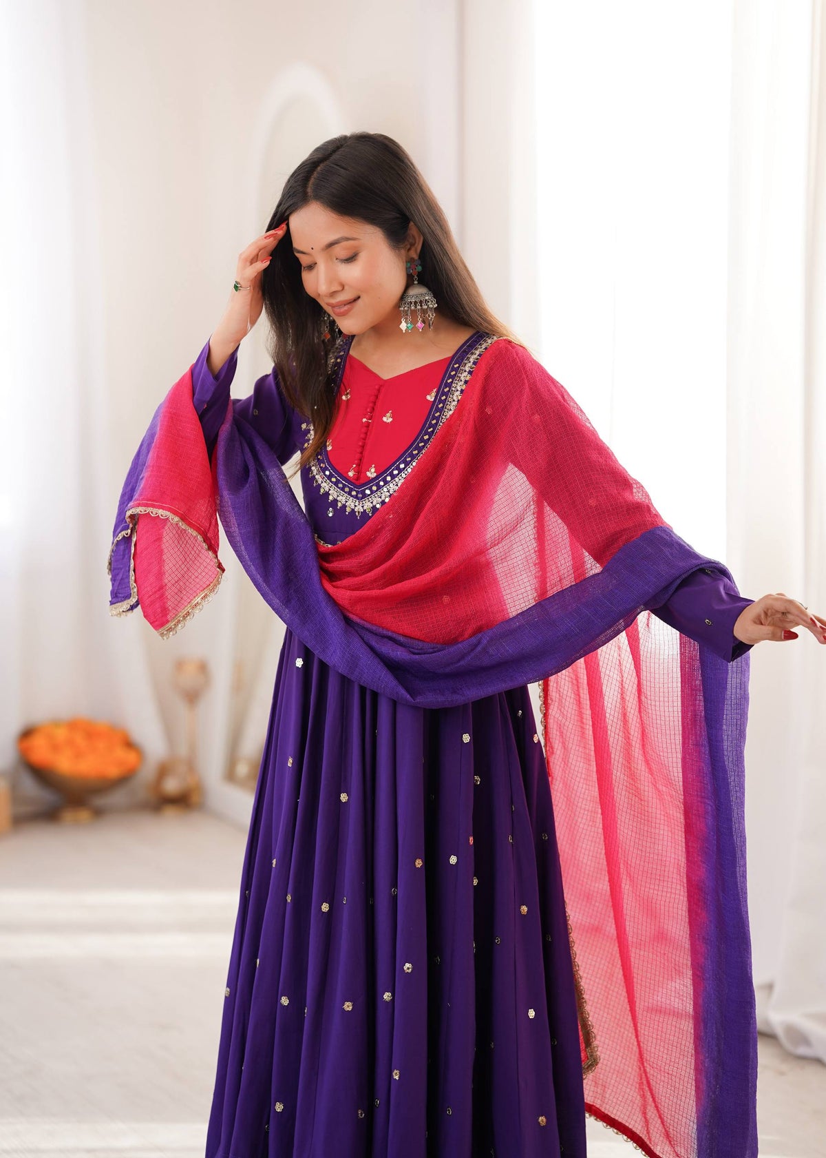 Indian Festive Anarkali Gown with Pant & Shaded Dupatta Set