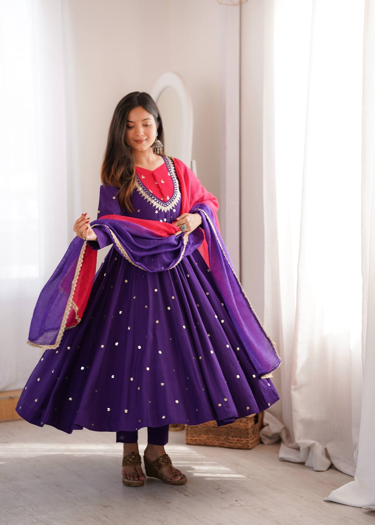 Indian Festive Anarkali Gown with Pant & Shaded Dupatta Set
