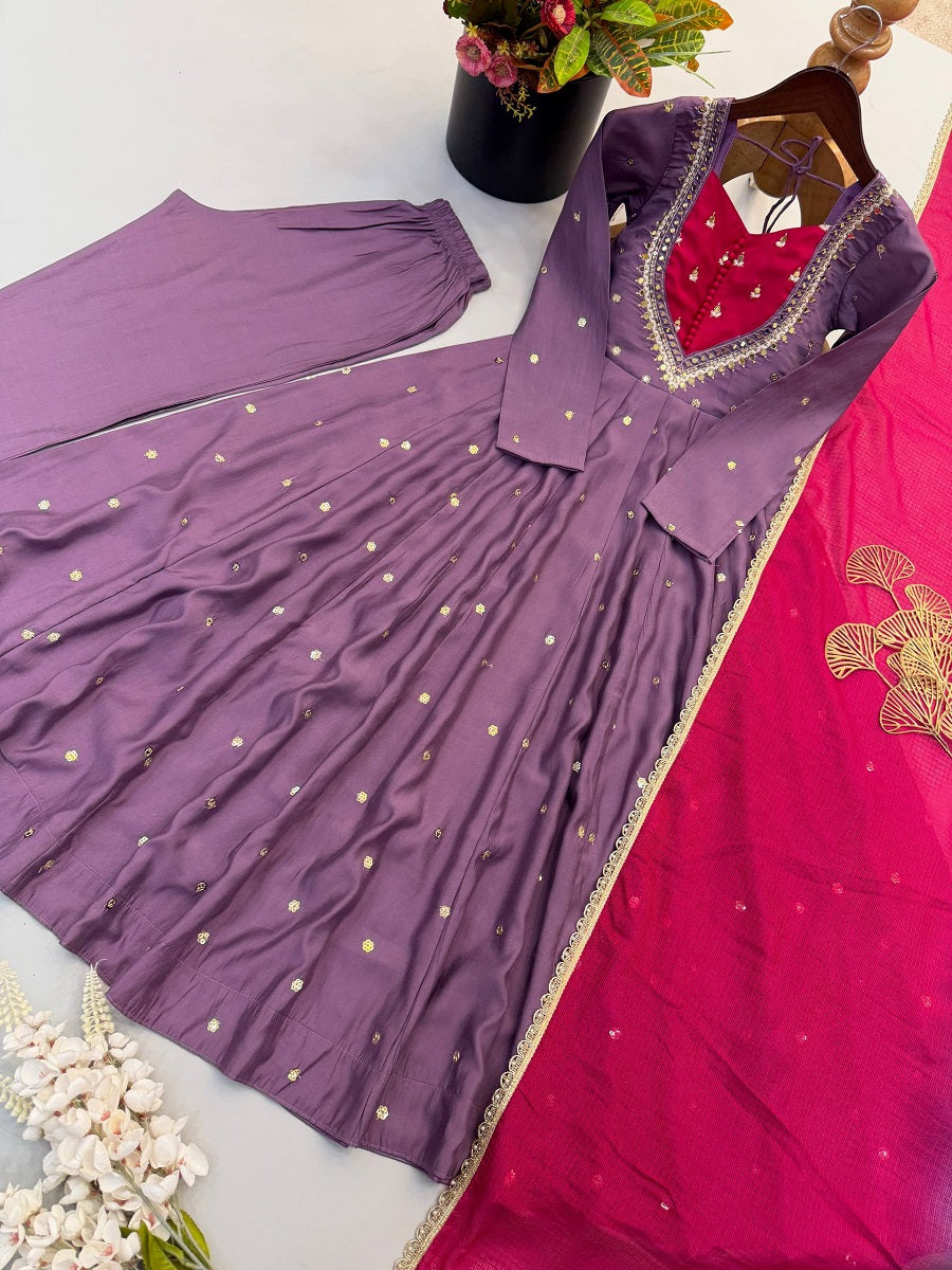 Indian Festive Anarkali Gown with Pant & Shaded Dupatta Set
