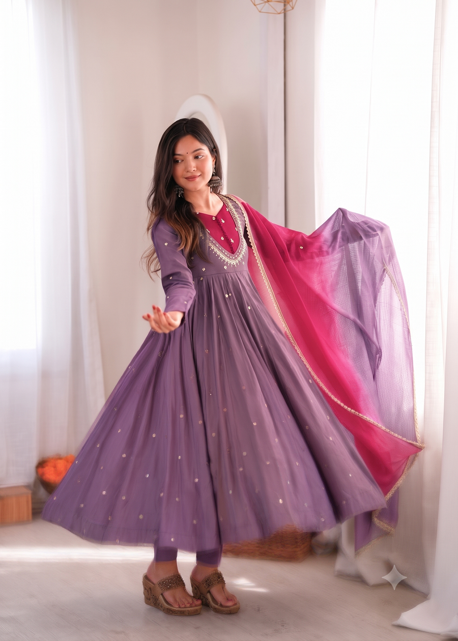 Indian Festive Anarkali Gown with Pant & Shaded Dupatta Set