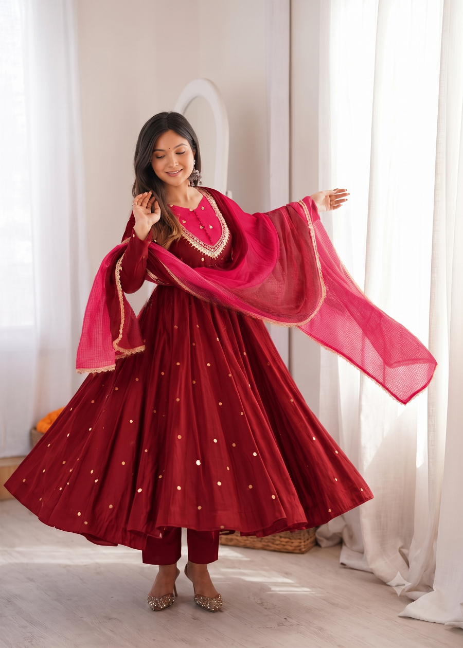 Indian Festive Anarkali Gown with Pant & Shaded Dupatta Set