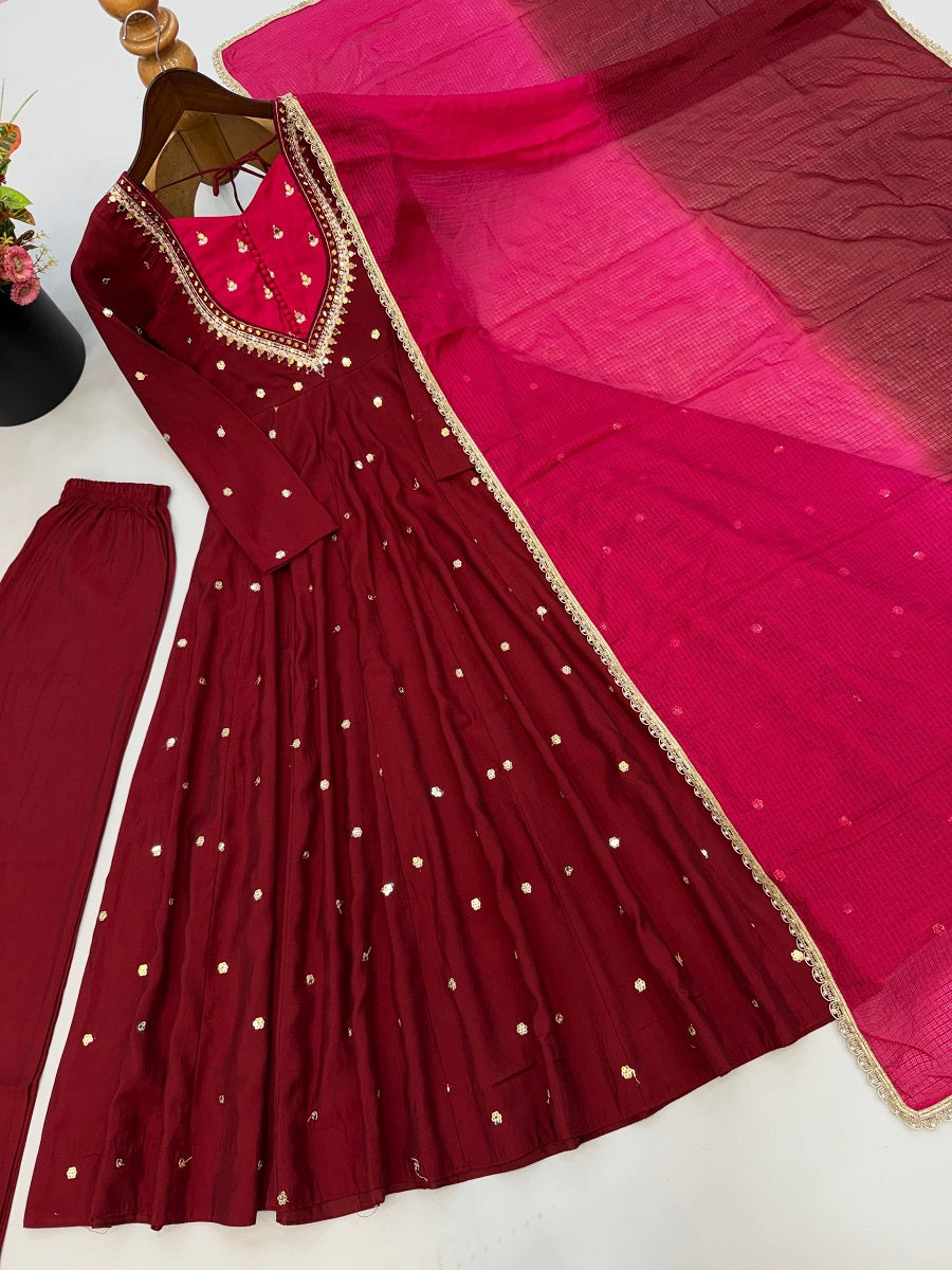 Indian Festive Anarkali Gown with Pant & Shaded Dupatta Set
