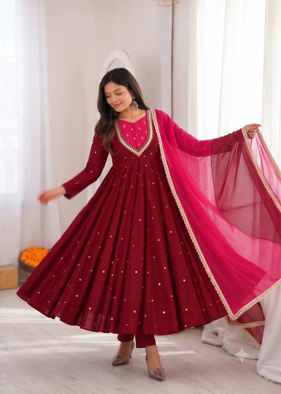 Indian Festive Anarkali Gown with Pant & Shaded Dupatta Set