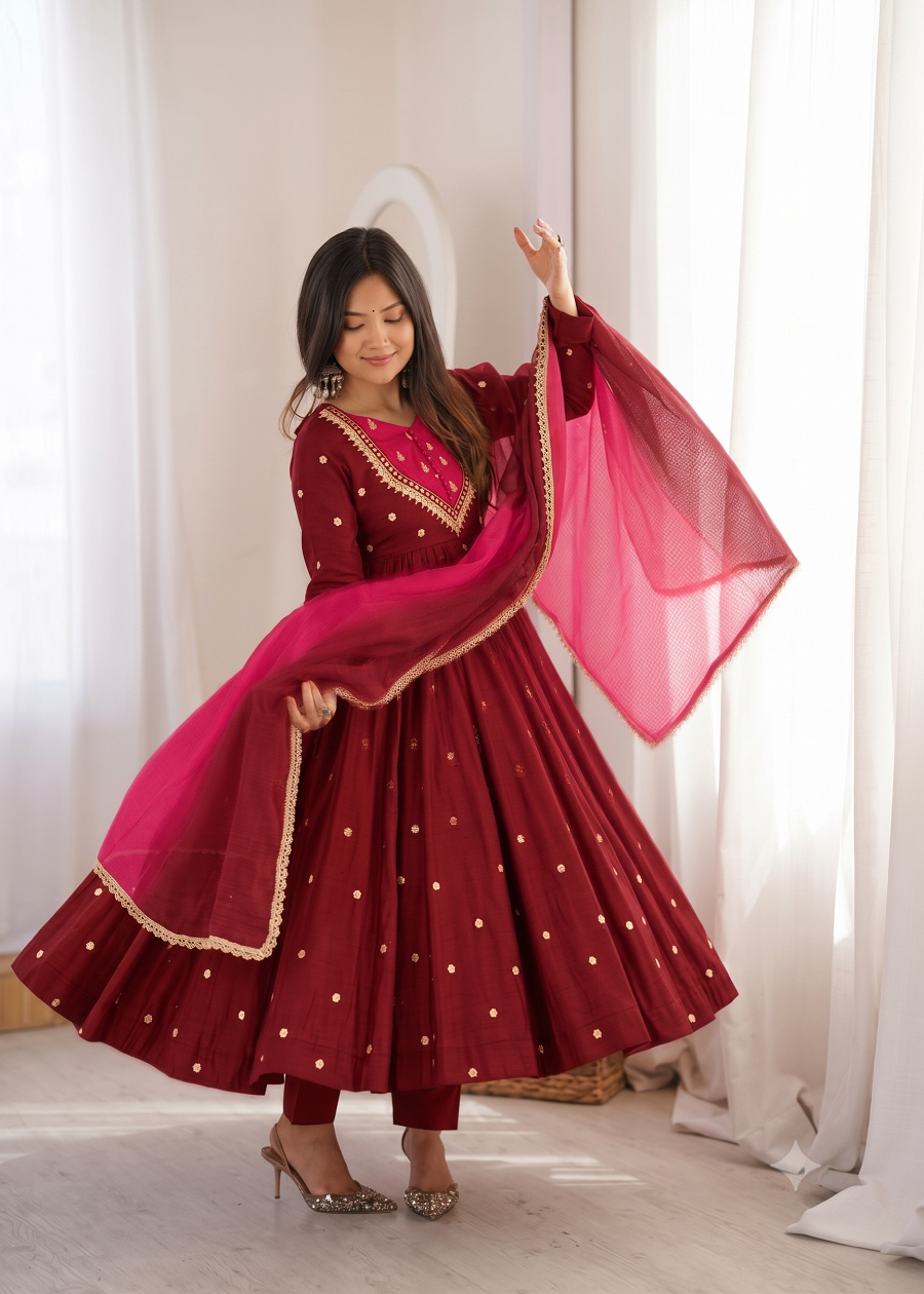 Indian Festive Anarkali Gown with Pant & Shaded Dupatta Set