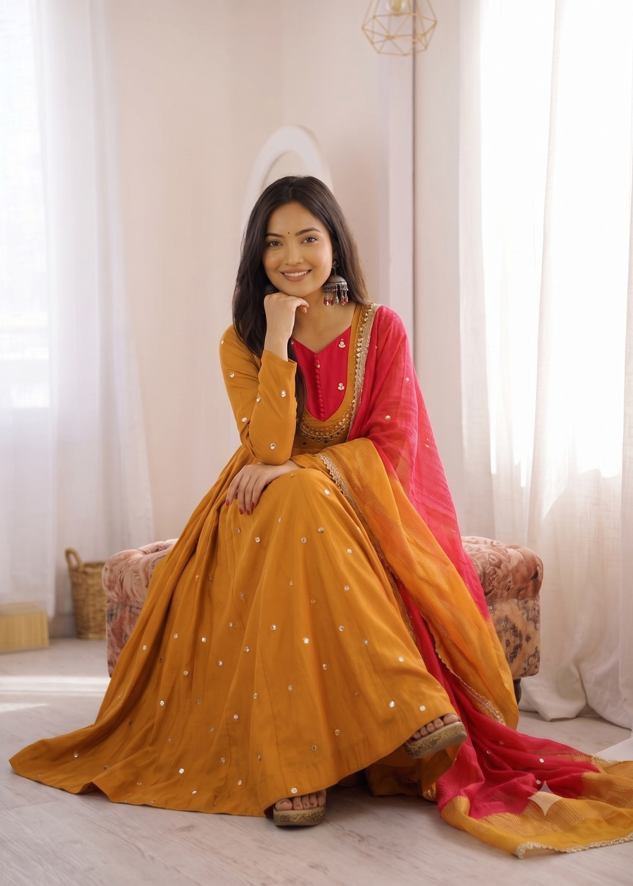 Indian Festive Anarkali Gown with Pant & Shaded Dupatta Set