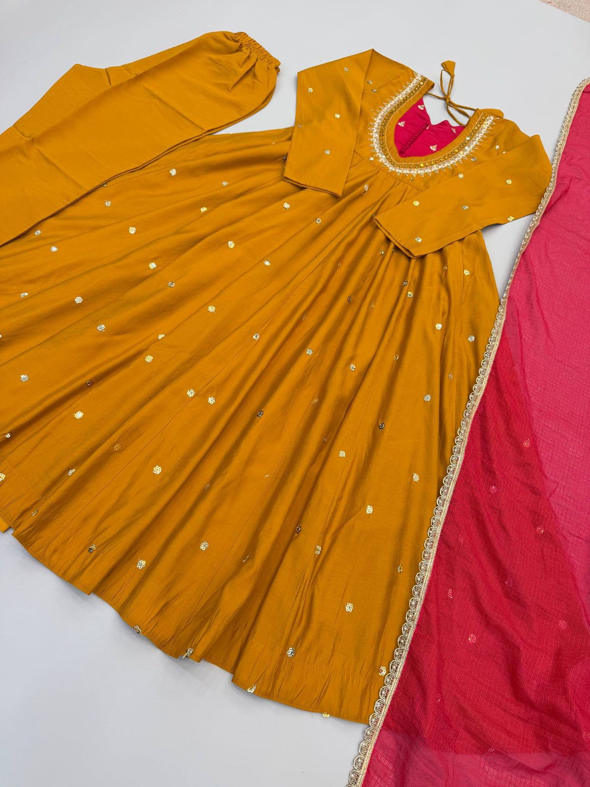 Indian Festive Anarkali Gown with Pant & Shaded Dupatta Set