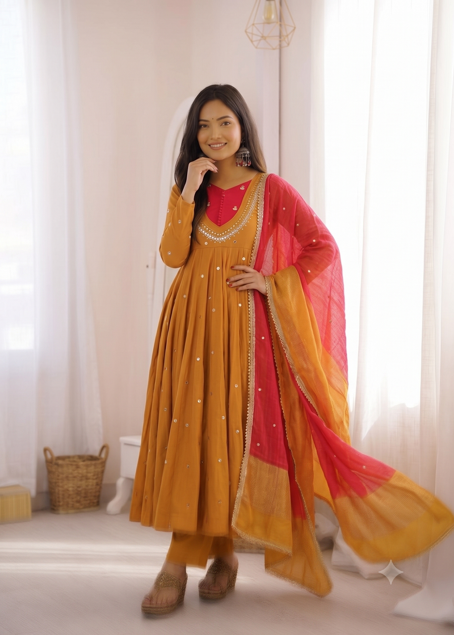 Indian Festive Anarkali Gown with Pant & Shaded Dupatta Set