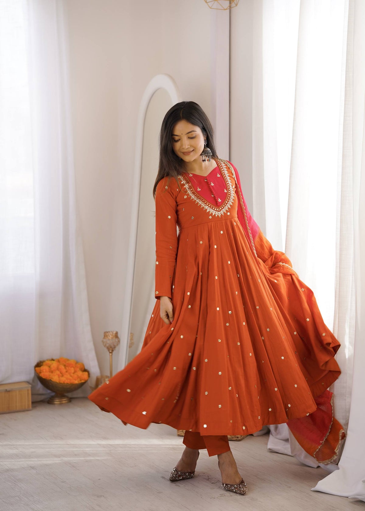 Indian Festive Anarkali Gown with Pant & Shaded Dupatta Set