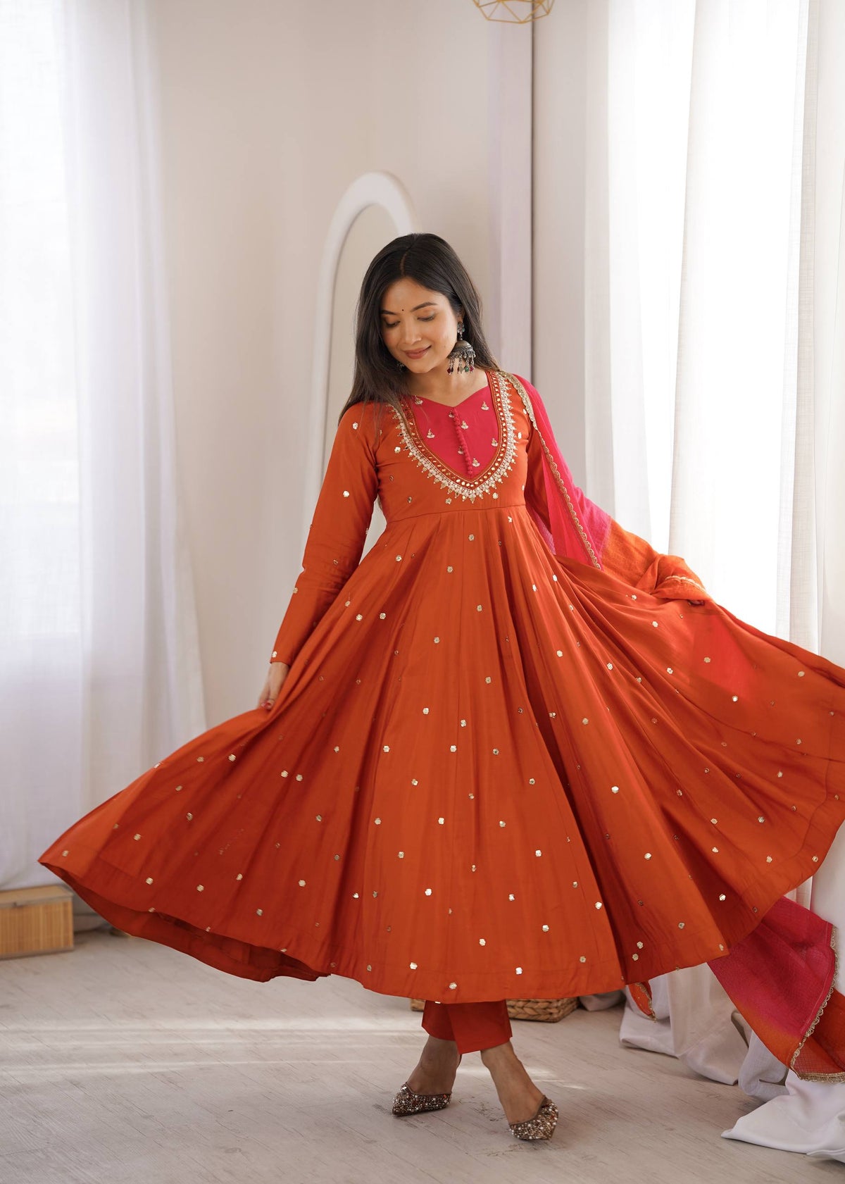 Indian Festive Anarkali Gown with Pant & Shaded Dupatta Set