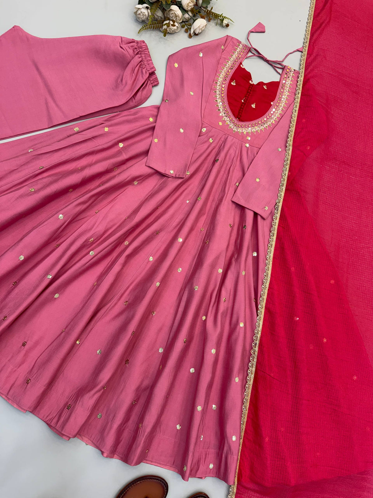 Indian Festive Anarkali Gown with Pant & Shaded Dupatta Set