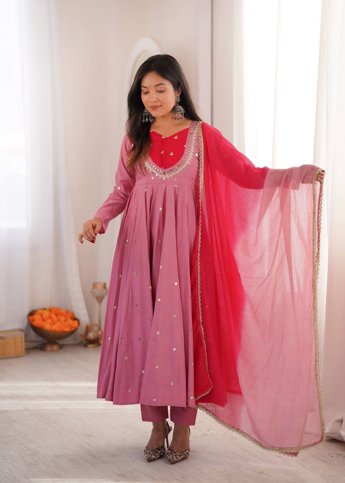 Indian Festive Anarkali Gown with Pant & Shaded Dupatta Set