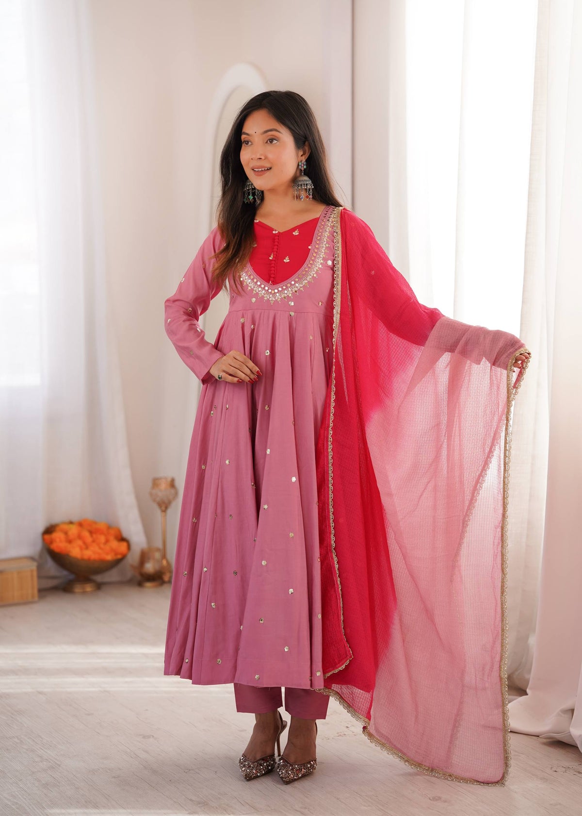 Indian Festive Anarkali Gown with Pant & Shaded Dupatta Set