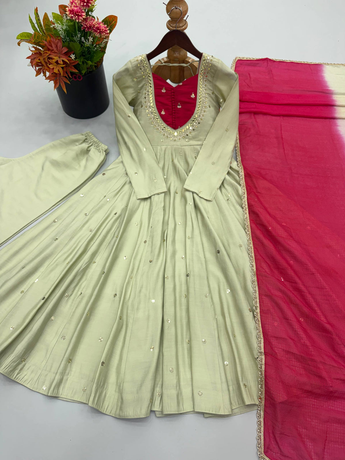 Indian Festive Anarkali Gown with Pant & Shaded Dupatta Set