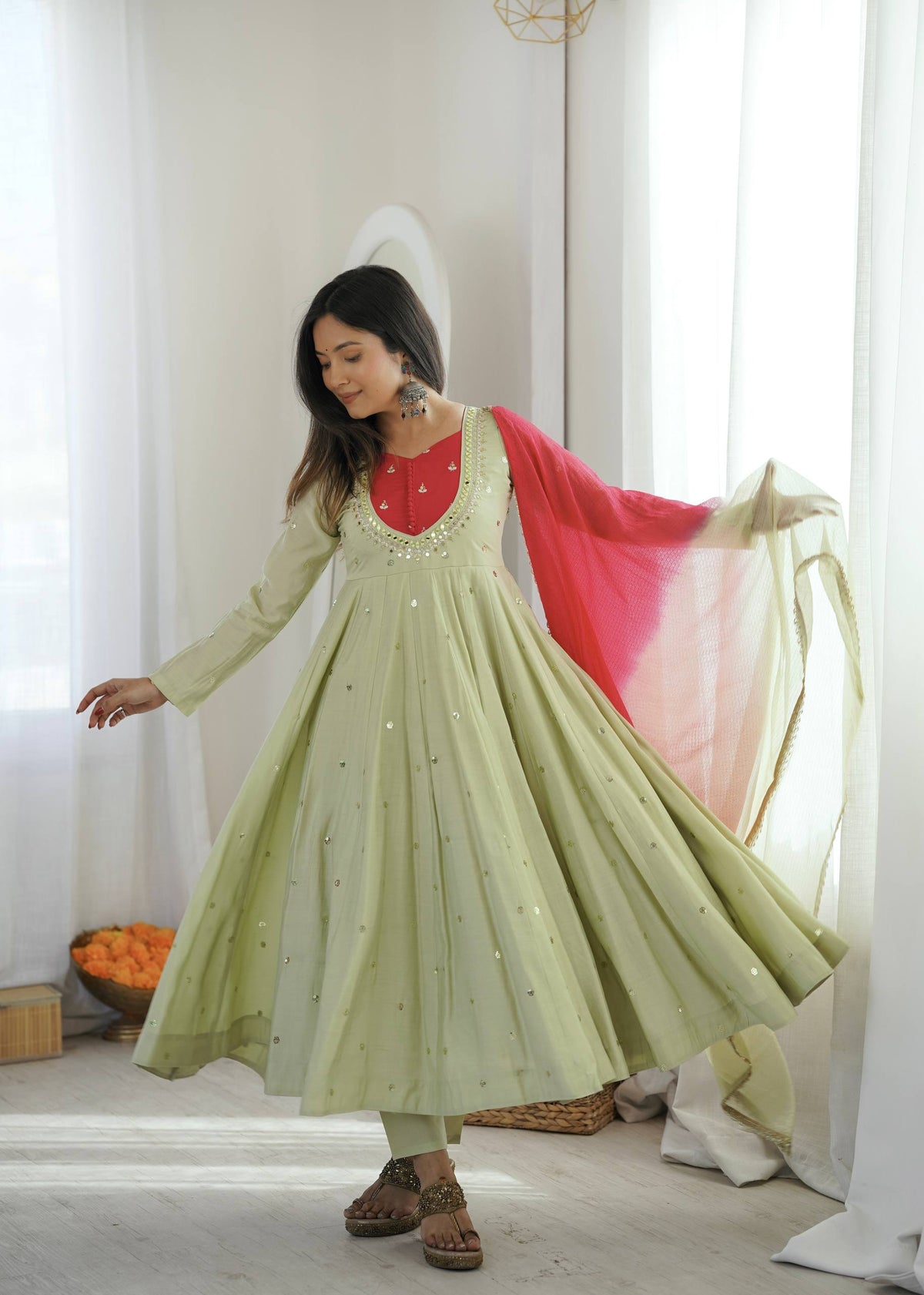 Indian Festive Anarkali Gown with Pant & Shaded Dupatta Set