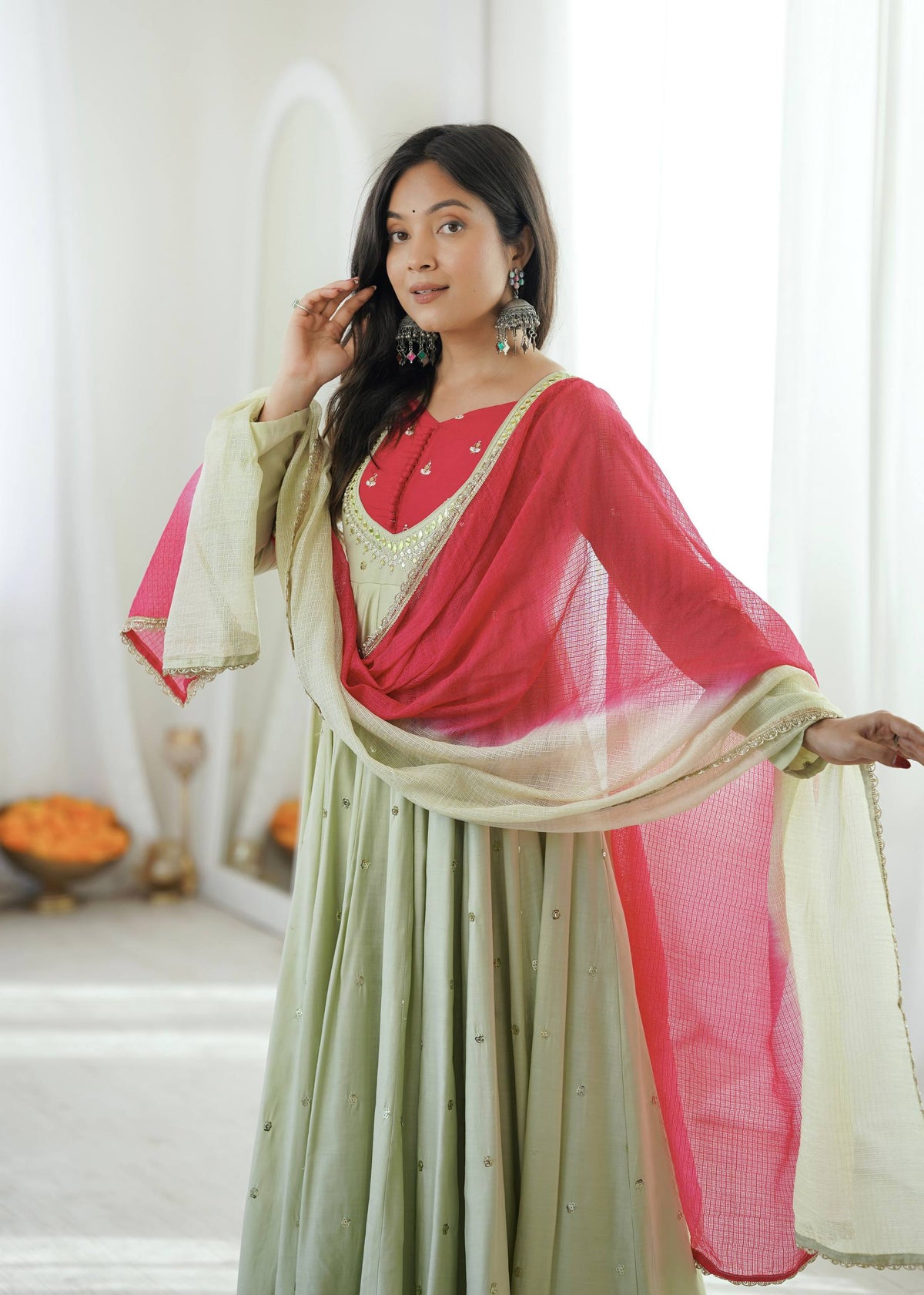 Indian Festive Anarkali Gown with Pant & Shaded Dupatta Set